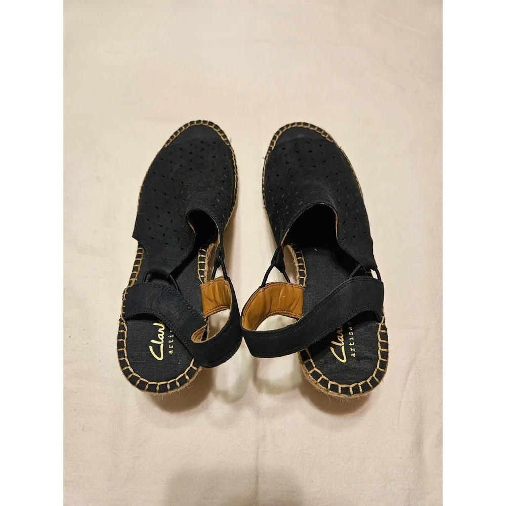 Clarks Women's Navy‎ Blue Suede Perforated Espadrille Wedge Sandals Slingback 9M